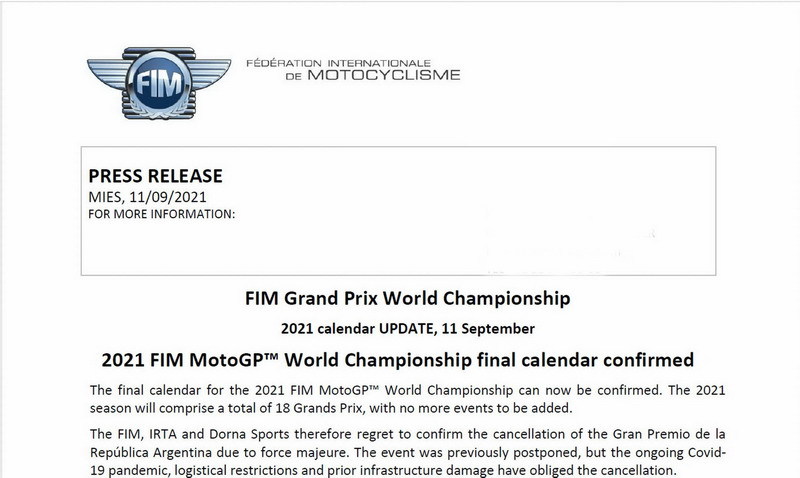 2021年MotoGPシリーズの最終カレンダーが発表